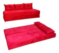 Sofá Cama 3em1 em Tecido Suede Vermelho com Almofadas Dupla Face - Sofá que vira cama Multifuncional