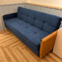 Sofá Cama Baú Lavras 205cm Suede azul com Braço em Sintético Marrom