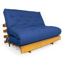 Sofá Cama Casal Futon Tokio Azul Royal Acquablock Madeira Maciça Grapia Cor Natural