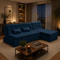 Sofá Cama King 5 Lugares 2,70m Alexa Suede Azul - Castelier Decor Sofá Cama King 5 Lugares 2,70m Alexa Suede Azul - Castelier Decor