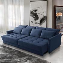 Sofá Cama Retrátil e Reclinável 2,50m com Molas Carol Veludo Azul Adonai Estofados