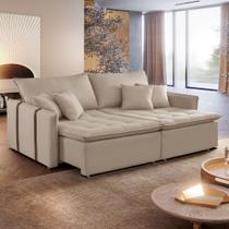 Sofá Cama Retrátil e Reclinável 3 Lugares Linho Bege Detroid 200cm Yescasa
