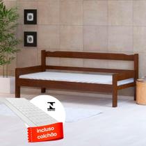 Sofá cama solteiro de madeira maciça com colchão Nemargi Castanho