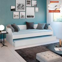 Sofá Cama Solteiro Multiuso Duo com Cama Auxiliar em Mdf Reforçado 15mm Branco com 2 Colchões