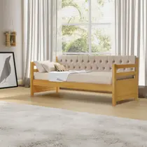 Sofá Cama Solteiro Verona Mona Imbuia Estofado Capitonê Veludo Bege Acompanha 1 Colchão