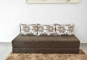 Sofá Cama Tecido Suede Marrom Floral com Almofadas Dupla Face - Sofá que vira cama Multifuncional