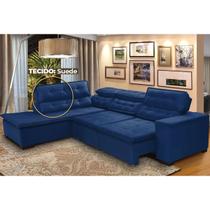 Sofá Canto 5 Lugares Chaise D Retrátil e Reclinável Pillow 280 x 220 cm Sttilo - TECIDO SUEDE -Megasul Cor Azul