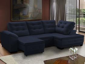 Sofá Canto Chaise Agatha Retrátil Reclinável 250 Cm Mola Bonnel Pillow Suede Azul Marinho - SóSofá