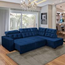 Sofá Canto Chaise D Retrátil 285 Cm 6 Lugares São Paulo Reclinável Mola D26 Veludo Azul - SóSofá