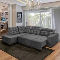 Sofá Canto Chaise E Retrátil 285 Cm 6 Lugares São Paulo Reclinável Mola D26 Veludo Cinza - SóSofá