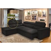 Sofá Canto Reclinável Reclinável 5 Lugares Chaise 280x220cm Suede Preto Sttilo Megasul