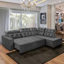 Sofá Canto Retrátil Grande 6 Lugares Chaise D Reclinável Mola D26 2,85x2,05 Veludo Cinza - SóSofá