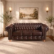 Sofá Chesterfield 3 Lugares material sintético Marrom Luís Xv Retrô 220cm Sofá Chesterfield 3 Lugares material sintético Marrom Luís Xv Retrô 220cm