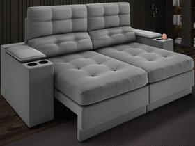 Sofá com Porta Copos e Carregador USB Eureka 1,70m Assento Retrátil e Reclinável Velosuede Grafite - NETSOFAS