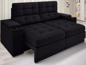 Sofá com Porta Copos e Carregador USB Eureka 1,70m Assento Retrátil e Reclinável Velosuede Preto - NETSOFAS