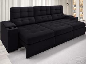 Sofá com Porta Copos e Carregador USB Eureka 2,30m Assento Retrátil e Reclinável Velosuede Preto - NETSOFAS