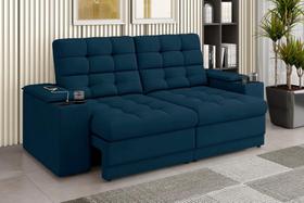 Sofá Confort Premium 1,70m Assento Retrátil/Reclinável porta copos e USB Suede Azul - XFlex Sofas
