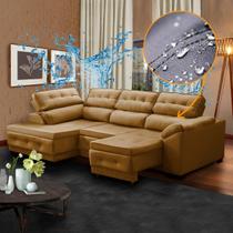 Sofá de Canto 5 Lugares Chaise 250 x 150 Cm Luiza Retrátil Impermeável Suede Dourado - SóSofá