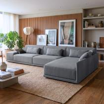 Sofá de Canto 5 Lugares com Chaise Lado Direito em Sarja 336x196cm Cinza Médio