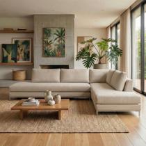 Sofá de Canto 5 Lugares com Chaise Lado Direito em Veludo 293x200cm Bege Claro Sofá de Canto 5 Lugares com Chaise Lado Direito em Veludo 293x200cm Bege Claro