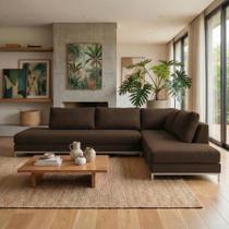 Sofá de Canto 5 Lugares com Chaise Lado Direito em Veludo 293x200cm Marrom Sofá de Canto 5 Lugares com Chaise Lado Direito em Veludo 293x200cm Marrom