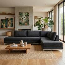 Sofá de Canto 5 Lugares com Chaise Lado Direito em Veludo 293x200cm Preto Sofá de Canto 5 Lugares com Chaise Lado Direito em Veludo 293x200cm Preto