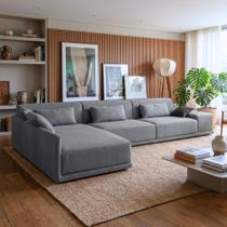 Sofá de Canto 5 Lugares com Chaise Lado Esquerdo em Sarja 336x196cm Cinza Médio