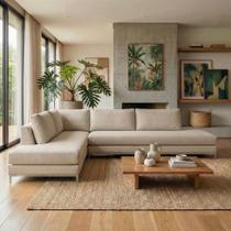 Sofá de Canto 5 Lugares com Chaise Lado Esquerdo em Veludo Bege Claro 293x200cm