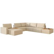 Sofá de Canto 5 lugares com Chaise Modular Moderno Premium Veludo Bege Claro Agatha