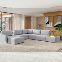 Sofá de Canto 5 lugares com Chaise Modular Moderno Premium Veludo Cinza Claro Agatha