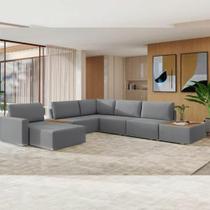 Sofá de Canto 5 lugares com Chaise Modular Moderno Premium Veludo Cinza Escuro Agatha