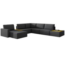 Sofá de Canto 5 lugares com Chaise Modular Moderno Premium Veludo Preto Agatha