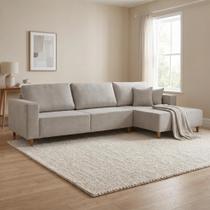Sofá de Canto 5 Lugares Paris com Chaise Pés Madeira Maciça 270cm em Bouclé Cinza