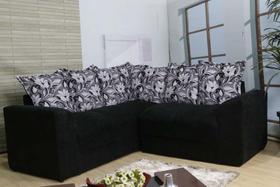 Sofá de Canto Belo 5 Lugares Suede Preto/Floral - Casa Mobilare