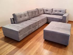 Sofa De Canto Elantra Grande e Puff Bom Descanso Veludinho Cinza Sofa De Canto Elantra Grande e Puff Bom Descanso Veludinho Cinza