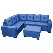 Sofá de Canto Florença 6 Lugares com Puff e Almofadas Soltas Tecido Linho União Cor Azul Sofá de Canto Florença 6 Lugares com Puff e Almofadas Soltas Tecido Linho União Cor Azul
