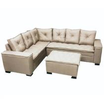 Sofá de Canto Florença 6 Lugares com Puff e Almofadas Soltas Tecido Linho União Cor Bege