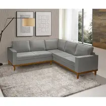 Sofá De Canto Living 5 Lug. Toronto Com Base Retro Madeira de Reflorestamento - Veludo Cinza