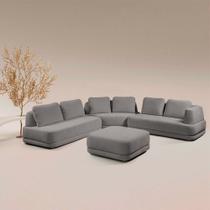 Sofá de Canto Modulado Vercelli 442cm com Almofadas Soltas e Puff Veludo Luxo Cinza G92 - Gran Belo