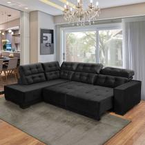 Sofá De Canto Retrátil Fábrica Grande Chaise E Reclinável Mola 285x205Cm Veludo Preto - SóSofá