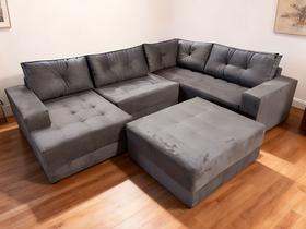 Sofa De Canto Toro e Puff Bom Descanso Veludinho Cinza