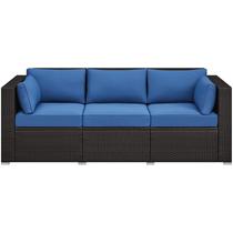 Sofá de pátio Yaheetech para 3 lugares em vime com almofadas 200 x 74 cm