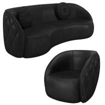 Sofá Decorativo 3 Lugares 288cm com Almofadas e Poltrona Zion M22 Sintético Preto - Mpozenato Sofá Decorativo 3 Lugares 288cm com Almofadas e Poltrona Zion M22 Sintético Preto - Mpozenato