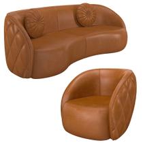 Sofá Decorativo 4 Lugares 318cm com Almofadas e Poltrona Zion M22 Sintético Caramelo - Mpozenato Sofá Decorativo 4 Lugares 318cm com Almofadas e Poltrona Zion M22 Sintético Caramelo - Mpozenato
