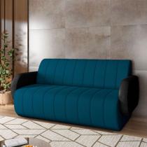 Sofá Decorativo Living Sala de Estar Bornéu 148cm pés de Madeira PU/Veludo Preto/Azul G33 - Gran Belo
