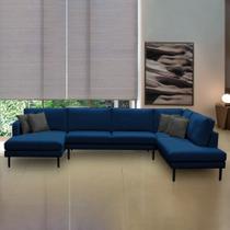 Sofá Decorativo Sala de Estar Osaka 430cm Modulado em U com Almofadas Pés em Madeira Linho Azul Marinho G89 - Gran Belo Sofá Decorativo Sala de Estar Osaka 430cm Modulado em U com Almofadas Pés em Madeira Linho Azul Marinho G89 - Gran Belo