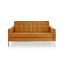 Sofá Fixo Florence Knoll 2 Lugares Cromado em Couro Natural Caramelo