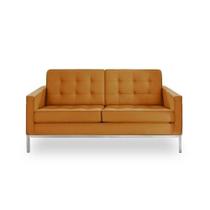 Sofá Fixo Florence Knoll 2 Lugares Cromado em Couro Natural Caramelo
