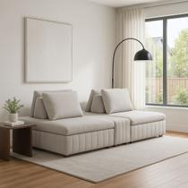 Sofá Ilha Modulado 230cm Divan Boucle Suave Bege Claro Com Pés Em Madeira Linha Premium