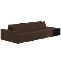Sofá Ilha Modular Para Sala 342cm com Puff Dublin K01 Veludo Marrom TA7031 e Sintético Preto TF7036